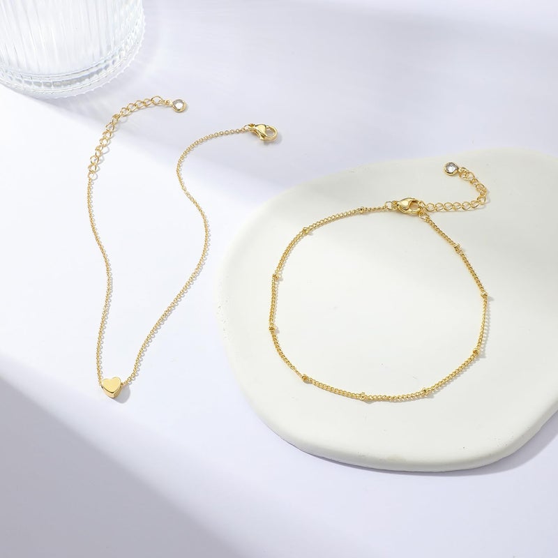 LEXODY Gold Ankle Bracelets for Women Waterproof, 14K Gold/Silver Plated Layered Beaded Heart Anklets for Women Trendy Dainty Cuban Link Chain Anklets Set Summer Beach Jewelry Gift - Image 5